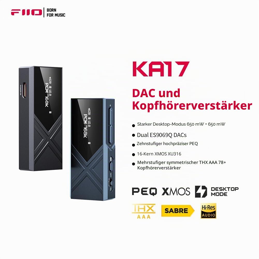 FiiO KA17 Tragbarer USB DAC Audio HiFi Decoder, Dual ES9069Q PCM768 DSD512 3,5/4,4 mm Ausgang für Android iOS Mac Win10 (Schwarz)