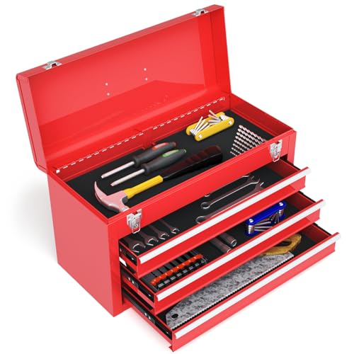 HOMFME 3 Drawer Tool Box, Lockable Tool Storage Box with Latch System, Top Layer, Bearing Slides, EVA Mats, Tool Chest Heavy-Duty Tool Storage Cabinet for Workshop Garage, 52x22x 31cm (Red)