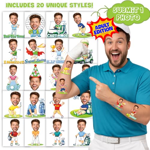 Image of Custom Golf Temporary Tattoos for Kids, Set of 20 | Personalized Pre-Cut Face Photo, Birthday Party Favors, For Boys Girls, Golf Fans