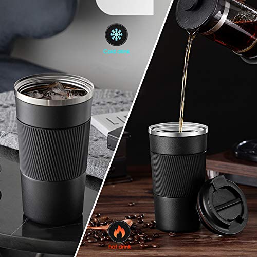 YINJOYI 510ml Thermobecher Edelstahl Travel Mug Kaffeebecher Isolierbecher Coffee to Go Becher Getränkehalter Auto Vakuum Reisebecher mit Deckel Autobecher Schwarz