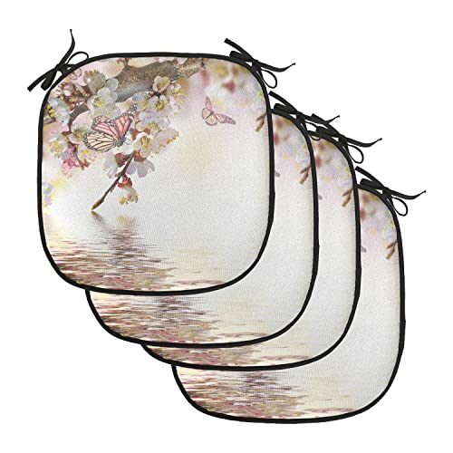 Lunarable Japanese Chair Cushion Pads Set of 4, Natural Floral Japanese Style Garden with Cherry Blossom Sakura Butterfly, Anti-Slip Seat Padding for Kitchen & Patio, 16'x16', Pastel Pink Yellow