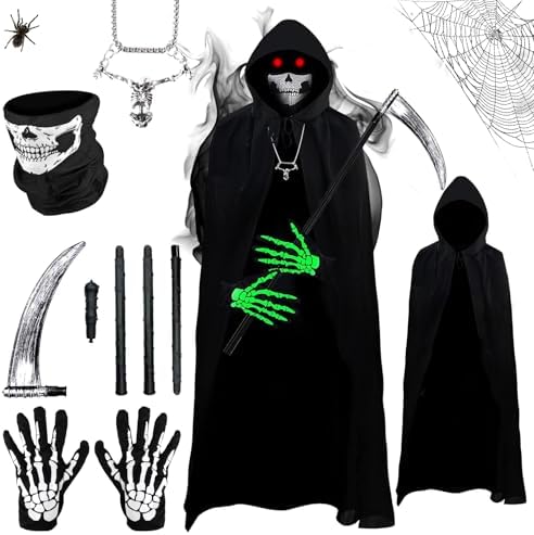 Moiuguli Sensenmann Kostüm Herren, Schwarzer Umhang mit Kapuze, Halloween Kostüm Set mit Skelett Maske Totenkopf Leuchthandschuhe, Halskette, Sichel Geeignet für Jugendliche Erwach