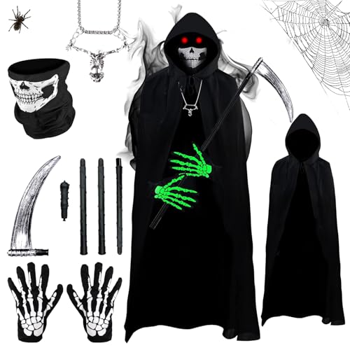 Grim Reaper Costume Kids Boys Adult Men, Halloween Black Fancy Dress Cosplay Costume Hooded Cloak with Skull Mask Plastic Scythe Luminous Skull Gloves Necklace