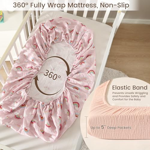 Image of david's kids Muslin Mini Crib Sheets, 2 Pack Cotton Pack N Play Sheets for Girls, Soft Breathable Baby Sheets Fit Pack N Play, Playard and Mini Crib Mattresses, Rainbow