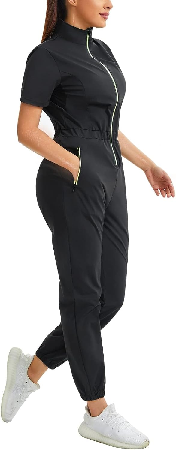 Junlan Sauna Suit for Women Sweat Jumpsuit Stand Collar Heat Trapping Shirt for Women Workout Sports Black Small