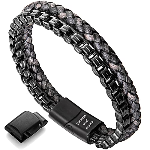 murtoo Mens Bracelet leather and Steel, Stainless Steel Chain and Leather Bracelets for Men