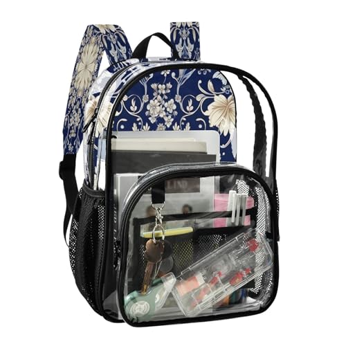 Blue White Pattern Clear Backpack - Stadium Approved Large 15.7-inch Waterproof Transparent Bag for Sports, Concerts, Work, Travel#1352