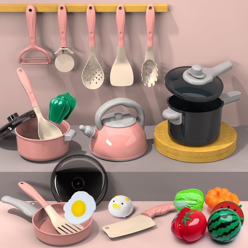 Miniatura 3 de Accesorios de juguete de cocina para niños, juego de cocina de simulación, ollas, sartenes, utensilios de cocina, alimentos, frutas, verduras, cesta