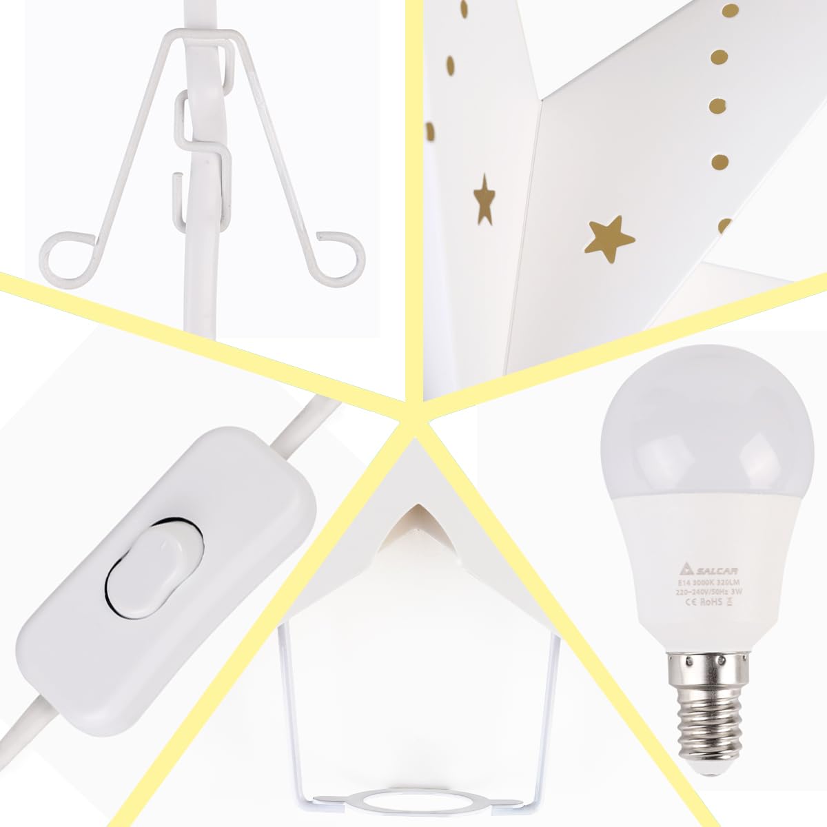 SALCAR Papierowa Gwiazda LED 55 cm Do Zawieszenia, Adwentowa Świecąca Lampa Okienna E14, Ciepła Biel, Bożonarodzeniowa Dekoracja 3D, Biała