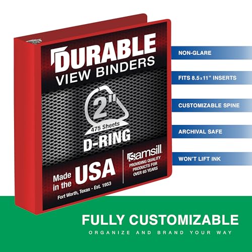 Image of Samsill Durable 2 Inch Binder, D Ring Binder, Customizable Clear View Cover, Ruby Red, Holds 475 Pages