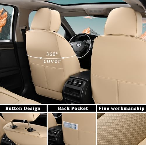 Image of Universal Leather Seat Covers Full Set, Waterproof Seat Cover for Cars 5 Seats, Luxury Leather Car Seat Cushion, Front and Rear Protectors Automotive Seat Covers for Most Cars SUV Pick-up, Beige