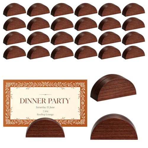 Image of 24Pcs Brown Wood Table Number Stands, Wood Place Card Holders Include Traceless Adhesive Stickers, Semicircular Design Place Card Holders for Wedding, Ceremony, Birthday, Party, Events