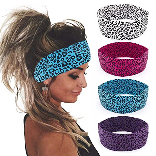 Zoestar Boho Yoga Cheetah Headbands Leopard Print Hair Bands Stretchy Head Wraps Elastic Hair Accessories for Women (Pack of 4)