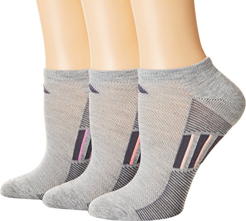 adidas Women's Superlite Stripe 3-Pack NO Show, Heather Light Grey/Onix Grey/Bliss Orchid, Medium