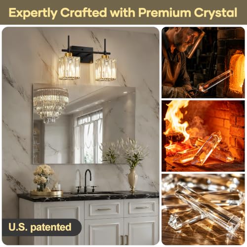 Image of Torondo Modern Crystal Bathroom Vanity Light 2-Lights Gold Bathroom Light Fixtures Over Mirror Black and Gold Vanity Lighting Fixtures Gold Square Shade Brass Wall Sconce (Bulbs Not Include)