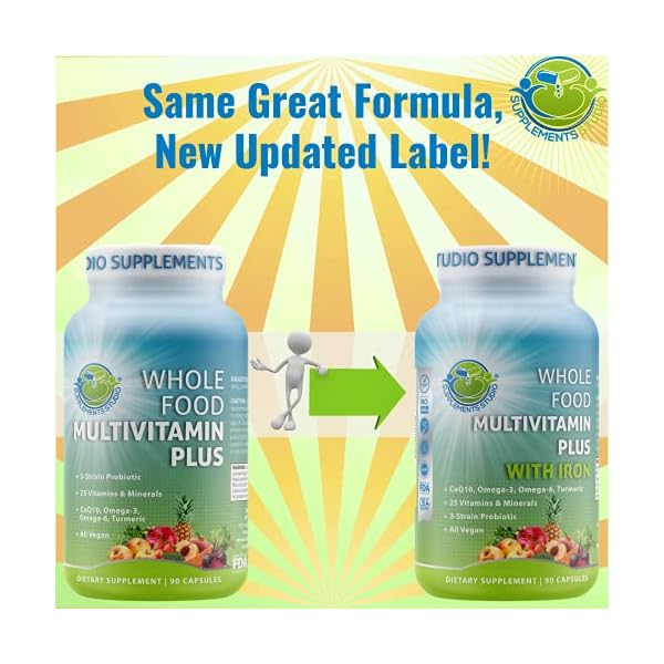 Supplements-Studio-Daily-Vegan-Whole-Food-Multivitamin-Plus-for-Men-Women-with-Iron-Organic-Fruits-and-Vegetables-B-Complex-Probiotics-Enzymes-CoQ10-Omegas-Turmeric-All-Natural-Non-GMO Vegan Whole Food Multivitamin with Iron, Daily Multivitamin for Women and Men, Made with Fruits & Vegetables, B-Complex, Probiotics, Enzymes, CoQ10, Omegas, Turmeric, Non-GMO, 90 Count