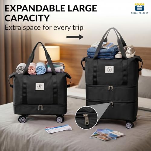 Image of Btag Travel Duffle Bag with Wheels | Convertible Handbag, Trolley & Shoulder Luggage for Clothes | Space-Saving Foldable Travel Companion | Expandable & Waterproof Traveling Bag for Unisex (Black)