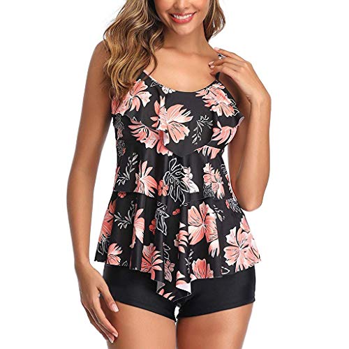 OutTop01 OutTop Flounce Printed Top Swimsuits for Women Two Piece Tankini Bathing Suit with Boyshorts Bikini Tank Tops Swimwear Set (#01-Pink, L)