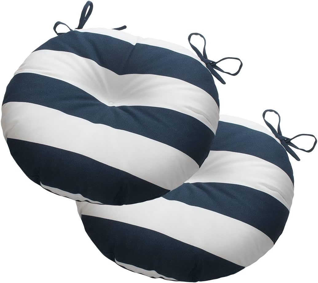 Magpie Fabrics Outdoor Round Bistro Seat Cushions with Ties, 15"x15"x4" Set of 2, Tufted Waterproof Barstool Chair Pads for Patio Home Garden Office, Navy White