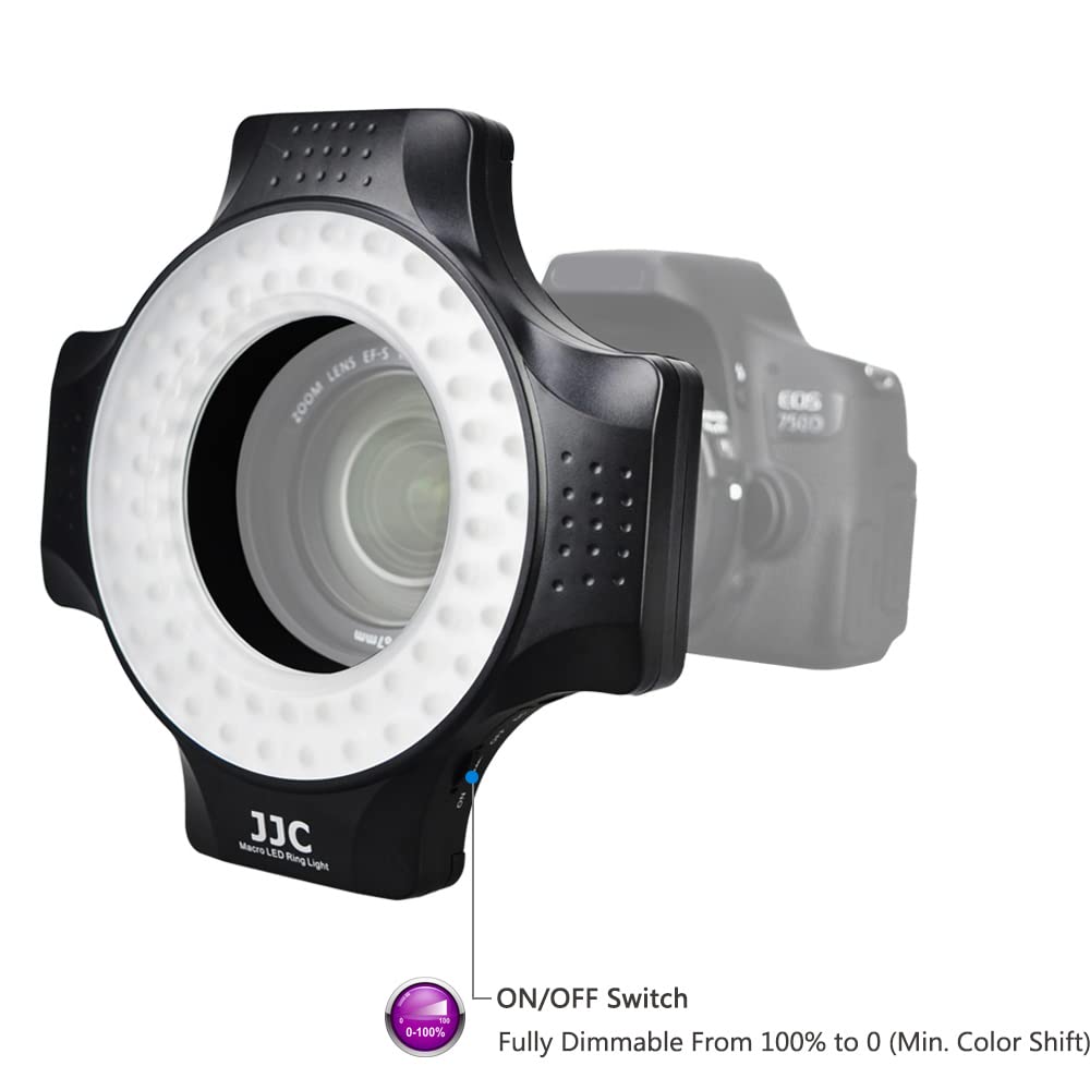 JJC Makro LED lampa pierścieniowa z 60 diodami LED o wysokiej intensywności, dyfuzor lampy błyskowej do obiektywu Canon Sony Nikon Olympus Fuji DSLR, 6 pierścieni dopasowania obiektywu - od 49 mm do