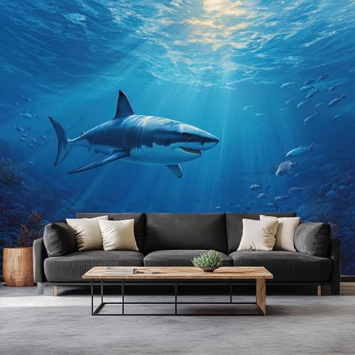 Papel Tapiz Fotográfico Efecto 3D Realista Natural Animal Tiburón, Azul Papel Pintado Tejido No Tejido 200 x 140 cm (An x Al) - Decorativos Murales para Pared Salón y Dormitorio