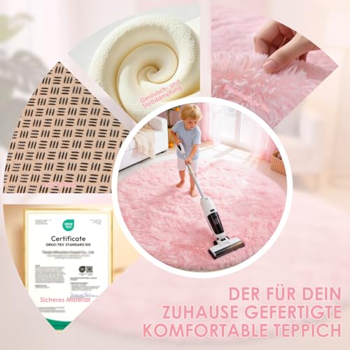 ROHATIM Teppich Rund 100 cm Rosa Waschbar Rutschfester Runder Hochflorteppich Wohnzimmer Kinderzimmer Schlafzimmer Flauschig