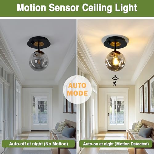 Image of Motion Sensor Light Indoor 1-Light Mini Glass Globe Ceiling Light Fixture Modern Black Semi Flush Mount Light for Hallway Entryway Porch Stairway Closet