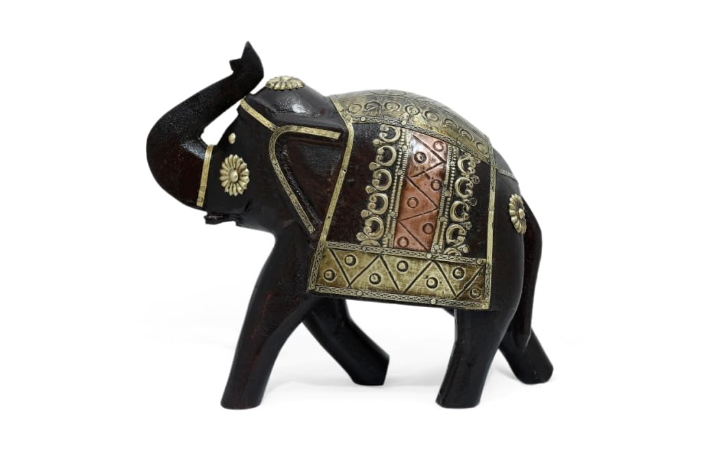 JGARTS Wooden 6" Brown Brass Fitting Punching Elephant Statue, Drawing Room Decors Elephant Figurine, Gift Item Ethnic Elephant Idol Decorative Sculpture, Vintage Figurines