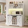 Coffee Bar Cabinet with Charging Station LED Light Farmhouse Kitchen Hutch with Acrylic Doors Tall Bar Cabinet with Wine Glasses Rack Coffee Bar Storage Cabinet White