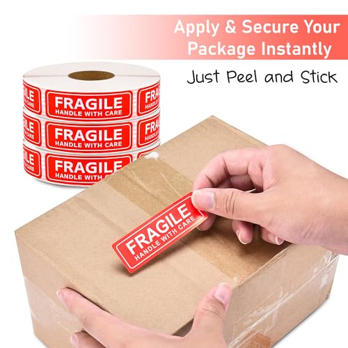 Image of GLUN Fragile Stickers 1 Roll, 3x1 Inch Size Sticker, Care Warning 1000 Labels Each Roll, Strong Adhesive Red Fragile Labels for Shipping Packing of Goods and Moving
