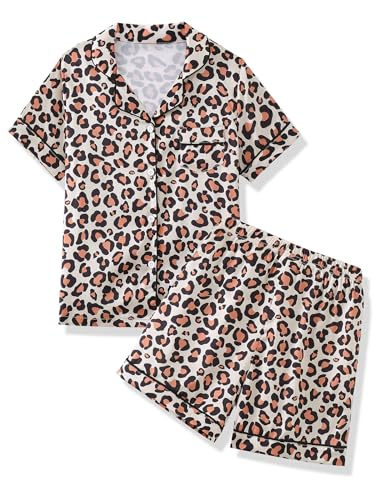 Mikrdoo Girls Pajamas 2 Piece Summer Silk Satin Short Sleeve Pjs Set Soft Brown Leopard Sleepwear for Kids Size 10 Years