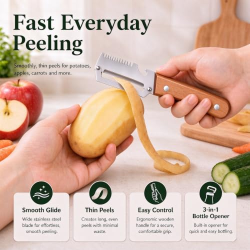 2 Pcs Multi-Functional Vegetable Peeler, 2026 upgrade 3-in-1 Vegetable Peeler with Wooden Handle, Stainless Steel Julienne Peeler and Scallion Shredder with Bottle Opener for Everyday Prep - Image 4