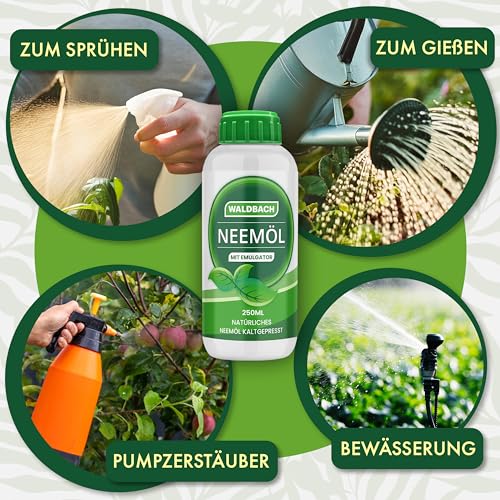 WALDBACH® Neemöl mit Emulgator [250ml] - Natürliches Neemöl für Pflanzen mit Sprühflasche und Messbecher - 25 Liter sprühfertige Mischung - Effektive Pflanzenpflege für Garten- & Zimmerpflanzen