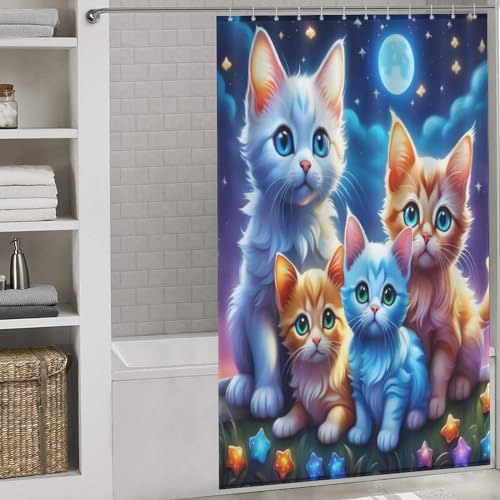 Rideau de douche chat mignon 140x183cm imperméable lavable avec 12 anneaux - 2