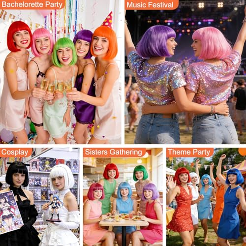 Image of MEEZY 2 Pcs Colorful Bob Wigs with Bangs Green Orange for Women, Neon Funny Wig Short Bob Hair with Heart Sunglasses Hair Cap for Halloween Costume Cosplay Birthday Bachelorette Party Carnival