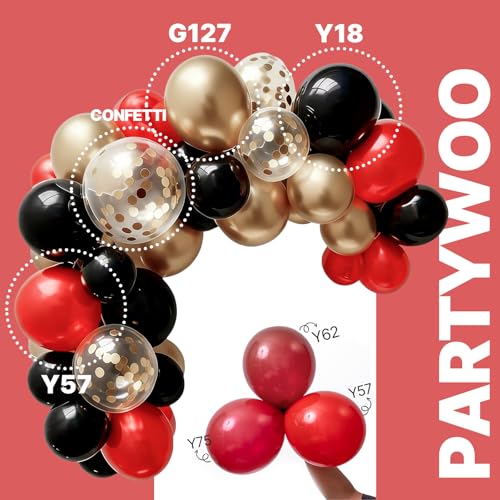 Image of PartyWoo Red Black and Gold Balloon Arch Kit Garland 142pcs Different Sizes of 18 12 10 5 Inch Matte Black Red Metallic Gold Confetti Balloons for New Year's Eve Graduation Birthday Party Decorations