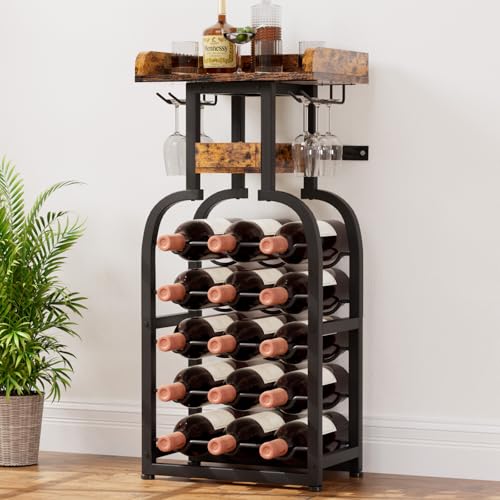 Yorbay Weinregal freistehend 15 Flaschen, Flaschenregal mit Glashaltern, Dekorativer Flaschenhalter-Ständer für Küche, Bar, Esszimmer, Boden