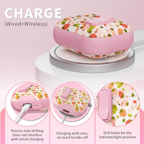 Image of for AirPods Pro 3 Case with Lock & Phone Stand,Cute Floral Pattern Style | PC & TPU Dual Layer Protective Cover with Keychain & Cleaner Pen for Apple AirPod Pro 3rd Generation Women (Strawberry)
