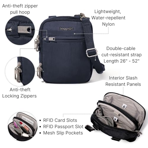 baggallini securtex anti-theft mini everything crossbody bag 6334x82534 rfid locking zippers amp cut-resistant strap