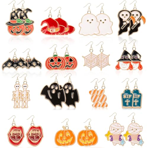 16 Pairs Halloween Enamel Earrings for Women Teen Girls Pumpkin Spider Bat Black Cat Ghost Boo Witch Hat Candy Spooky Earrings Halloween Earring Set for Holiday Decoration