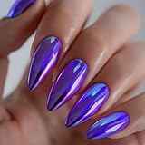 Purple Chrome Press on Nails Medium Almond Fake Nails Purple Metallic Mirror False Nail Reusable Stick on Nail for Women 24 Pcs