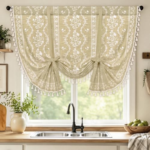 Image of Yinhua Boho Tie Up Curtains for Windows Vintage Linen Valance Light Filtering Floral Valance Rod Pocket Rustic Adjustable Tassel Window Valances for Bathroom, 42 inch W X 45 inch L, Natural