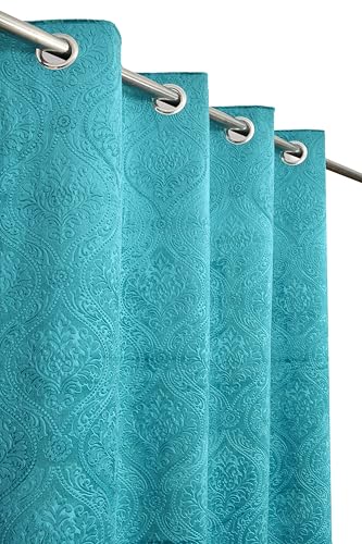 Image of Homefab India 2 Piece Velvet Emboss Long Door Curtain - 8 feet, Room Darkening Curtains, Aqua Blue