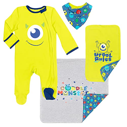 Disney Pixar Monsters Inc. Mike 4 Piece Set: Sleep N' Play Coverall Bib Blanket Burp Cloth 0-6 Months