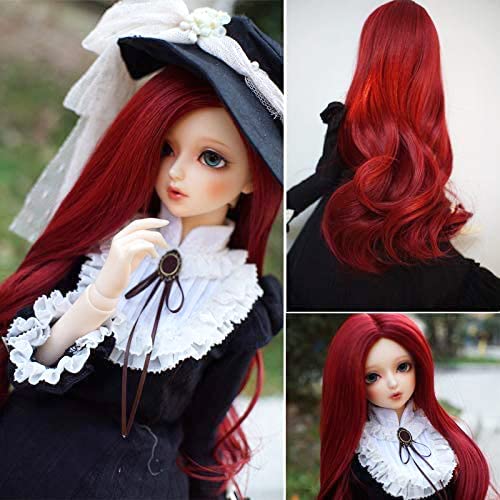 MUZI Wig 1/6 bjd Doll Wig Red Heat Resistant Fiber Long Wave Curly Metallic Color Doll Hair 1/6 BJD SD Doll Wig.