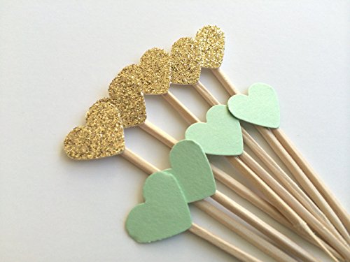 Mint and Gold MINI Heart Cupcake Topper. Handmade Party Decorations. 25CT