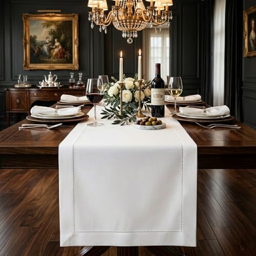 Signature Linen™ by D'Moksha, 100% Pure Linen White Table Runner 14x108 in
