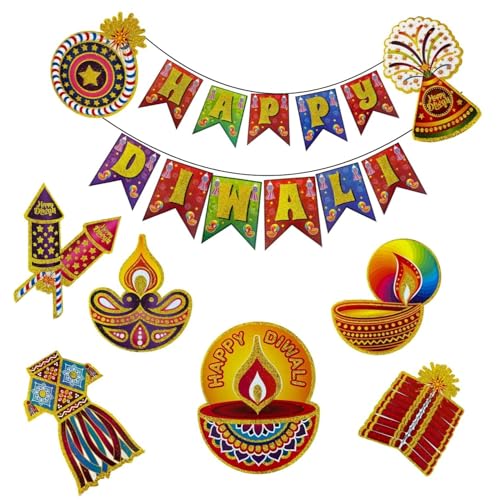 Image of 9 Pcs Happy Diwali Decorations Banner (Cardstock), Cutouts for Home and Office (Pack of 9)