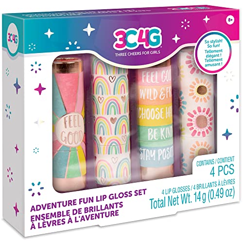 Make It Real 3C4G: Adventure Fun: Lip Gloss Set - 4 Piece Scented Lip Gloss Sticks, Cherry-Peach-Grape-Strawberry,On The Go For Adventurous & Stylish Tweens & Girls, Three Cheers For Girls, Ages 8+ #TOP26