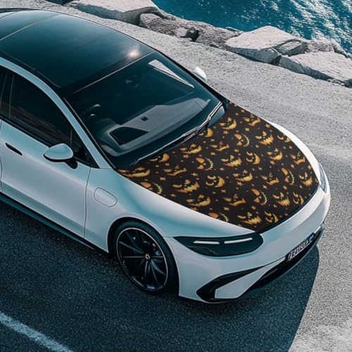 Image of Pumpkin Face Hood Cover for Car, Halloween Pumpkin Face Car Hood Cover 3X5FT Stretchable Polyester Fabrics Automotive Exterior Accessories for SUV Sedans Trucks